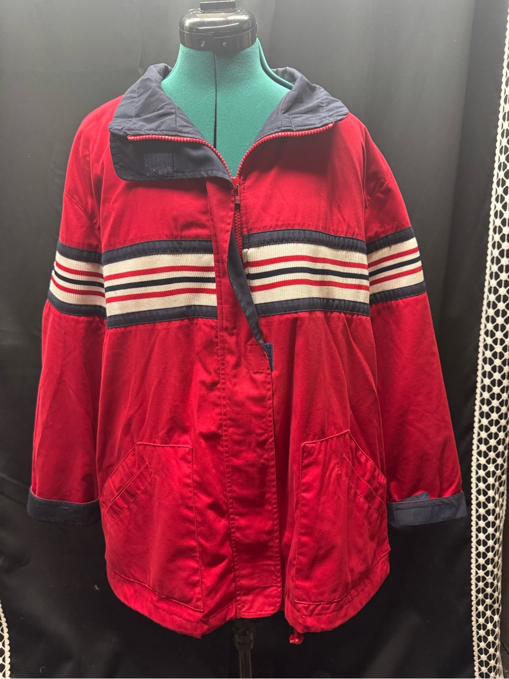 Red Hooded Jacket with Navy Trim